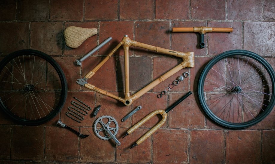 Deconstructed bike parts with bamboo components