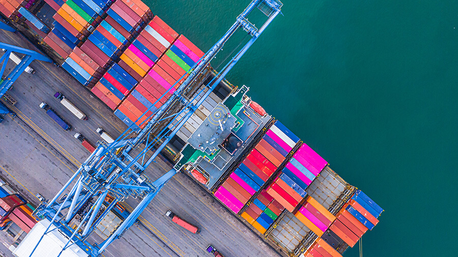 Aerial view of shipping containers in sea port