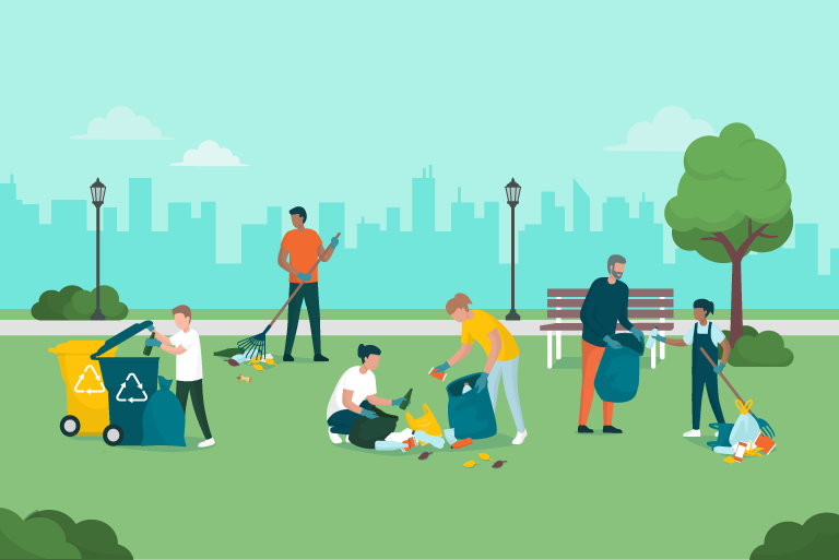 cartoon picture of people picking up trash at the park