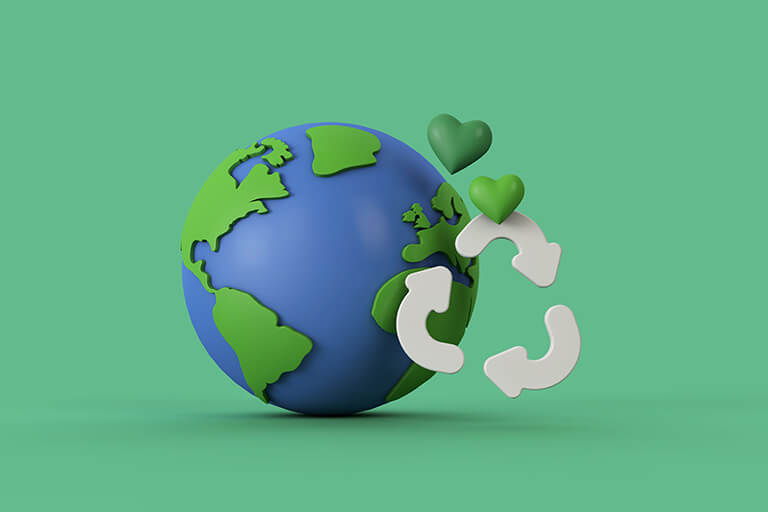 Planet with green recycle sign and green hearts