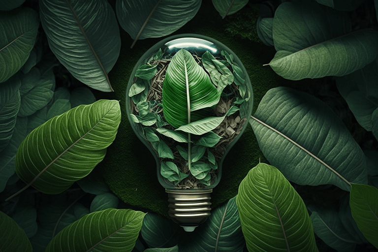 Lightbulb surrounded by green leaves