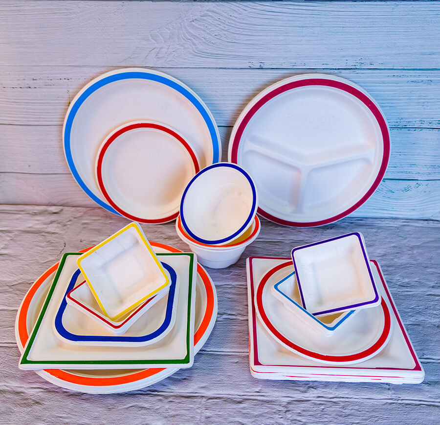 Round and square biodegradable colourful tableware