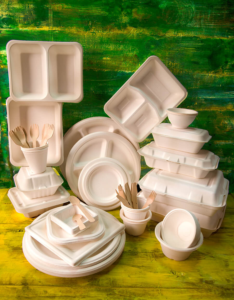 Stack of biodegradable food containers, plates and cutlery