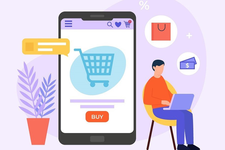 Illustration of people doing online shopping via ecommerce web page and mobile