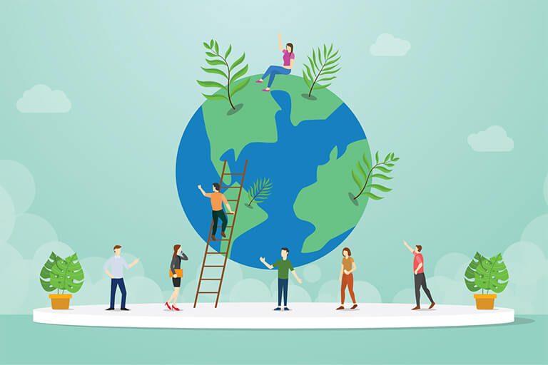 Illustration of people on ladder on globe with trees