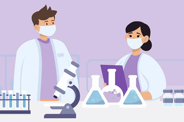 Illustration of male and female lab assistant with test tubes