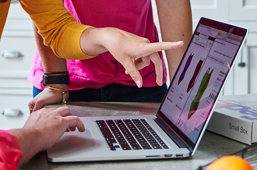 Two people point to computer screen for online shopping