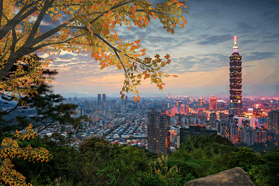 Night hillside view of Taipei cityscape with autumn leaves