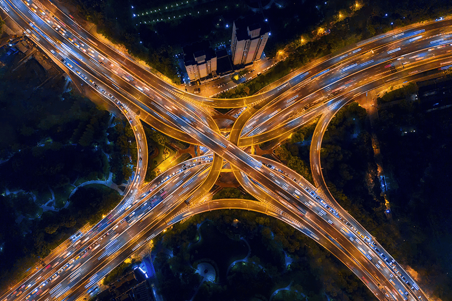 Interchange night crossroads and traffic