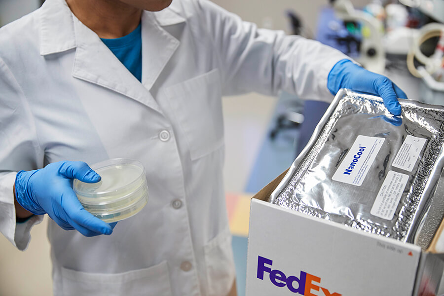 A pharmacy technician picking up temperature-controlled supplies into shipping box