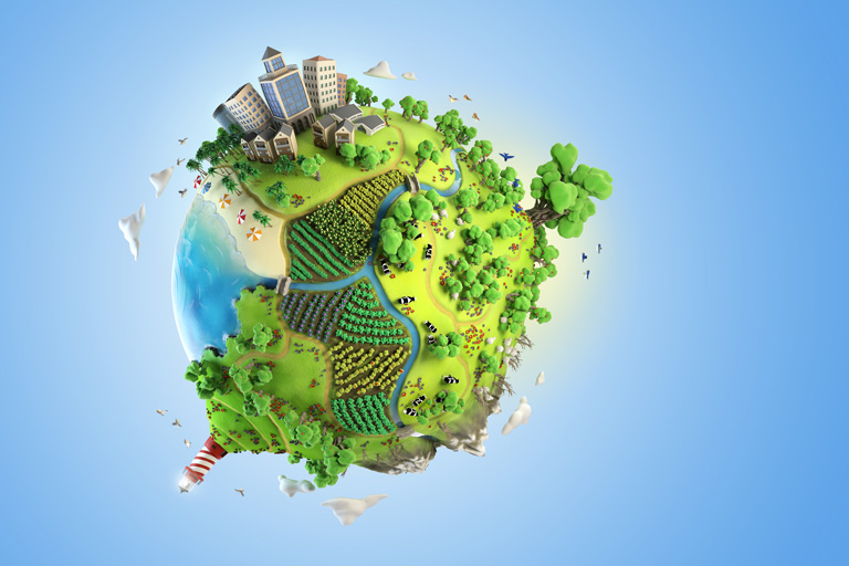 Tree,-garden-and-building-covered-3D-globe-mobile