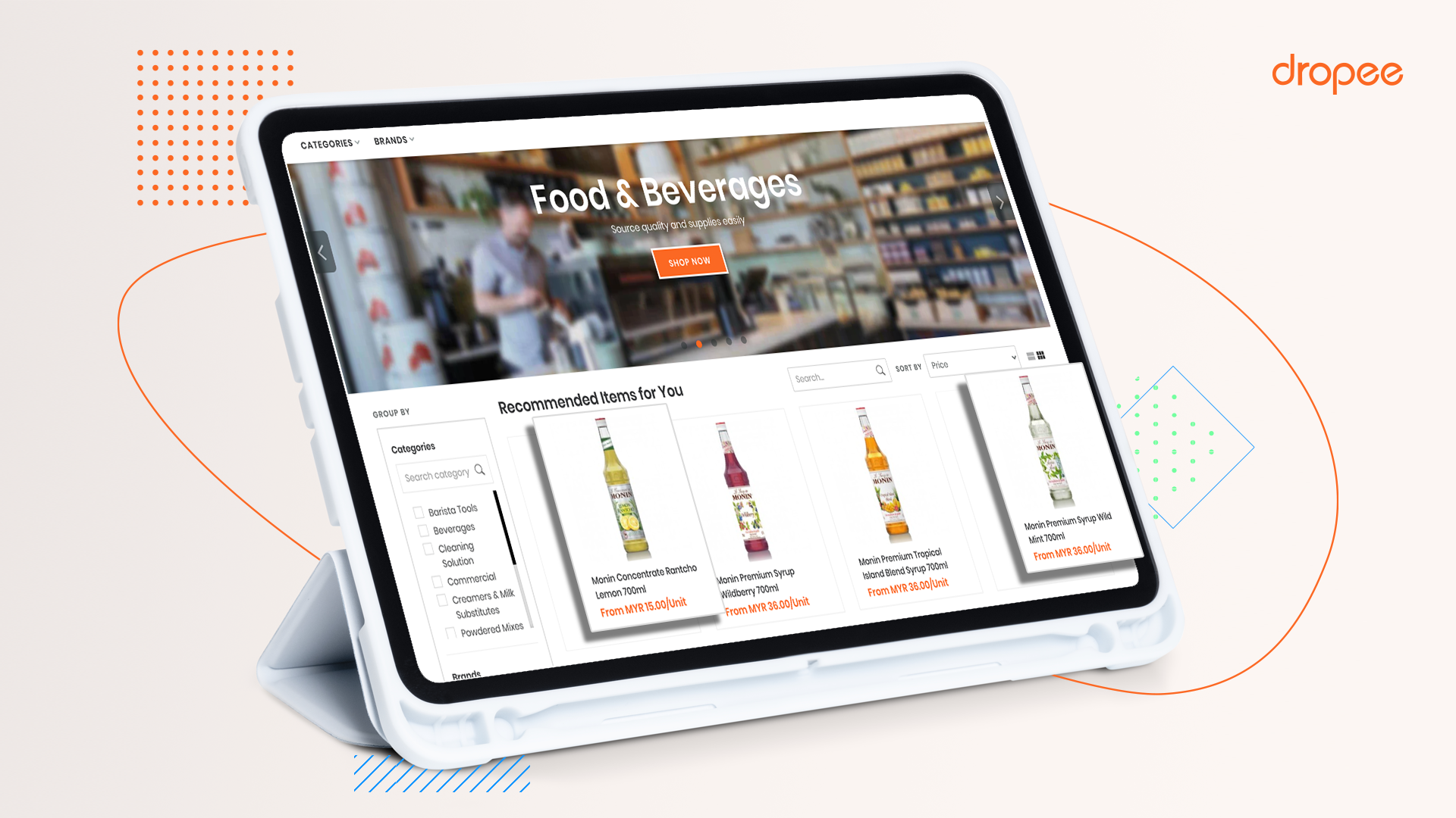 Dynamic iPad screen with food and beverage purchase options