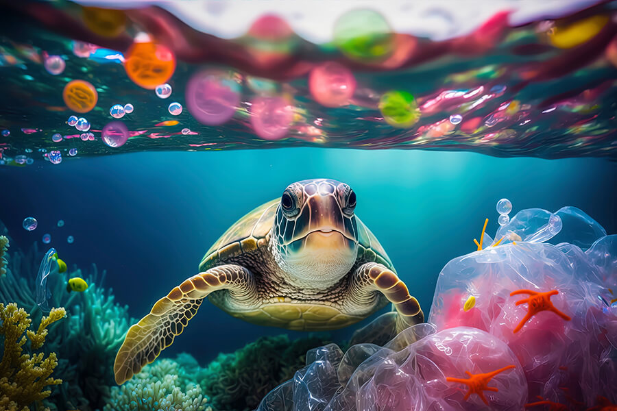 Turtle swims underwater through coral and plastic bags