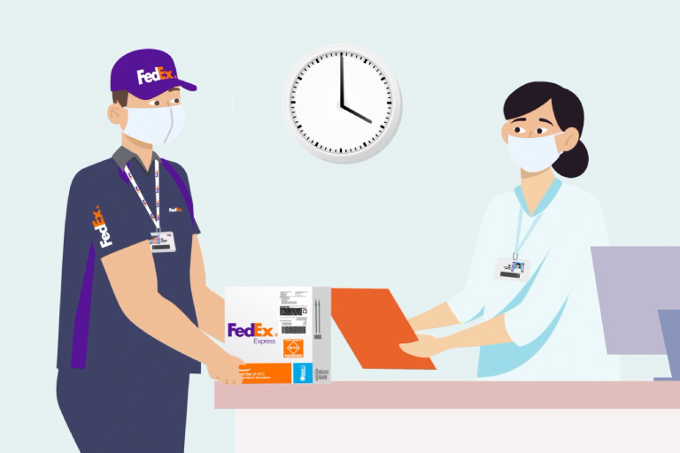 Illustration of masked FedEx courier delivering a box to a hospital receptionist