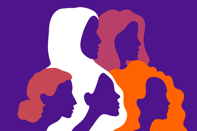 Purple silhouettes of females with long hair