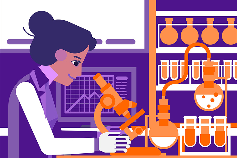 Illustration of female scientist in white lab coat with microscope