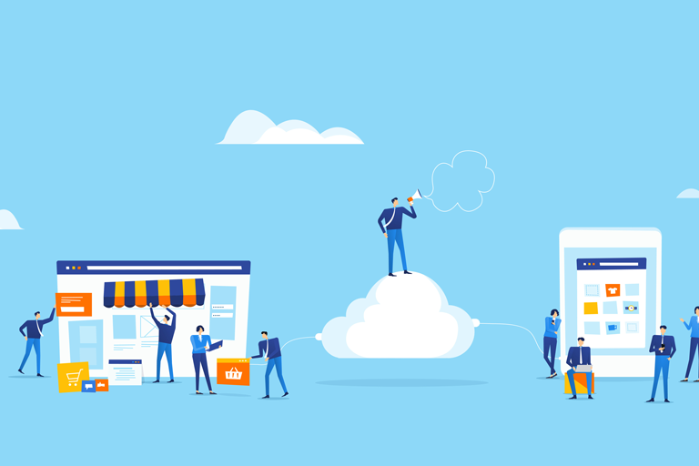 Illustration of businessman standing on a cloud connected to an online store and shop