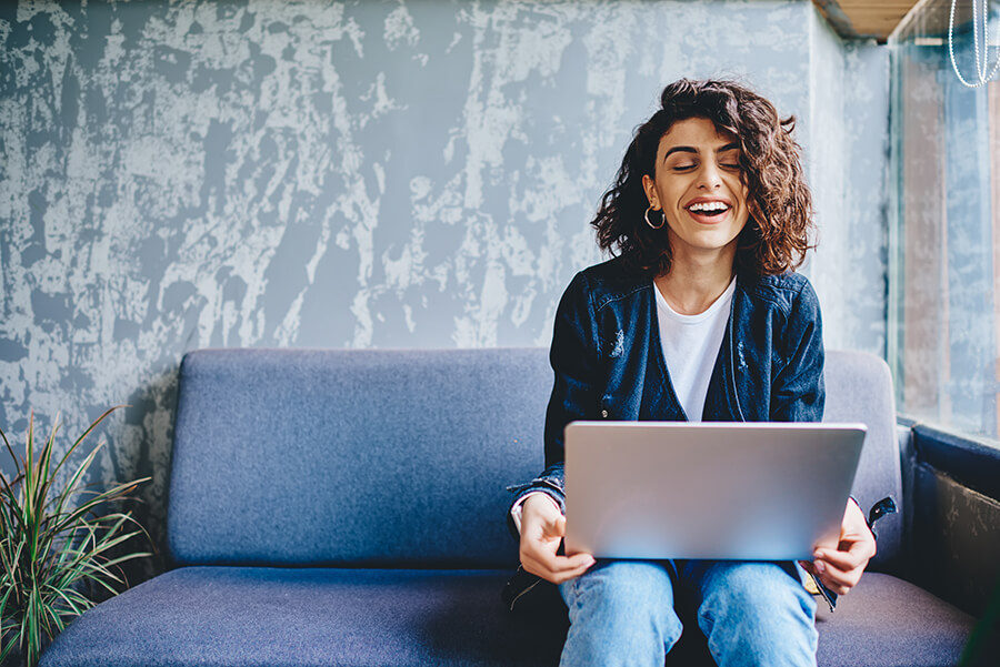 Happy online shopper smiles