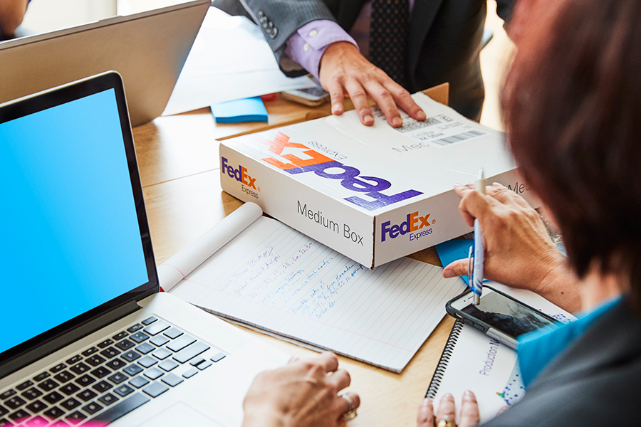 FedEx Express package box sits on a table in the office