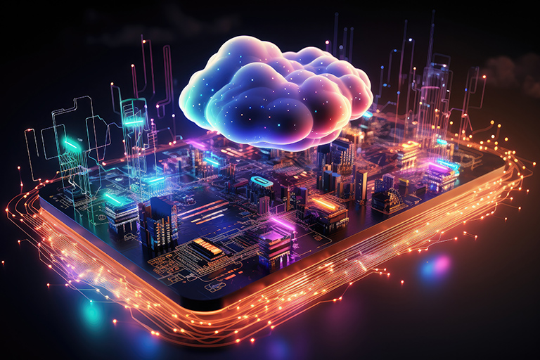 Neon cloud floating about data visualization map