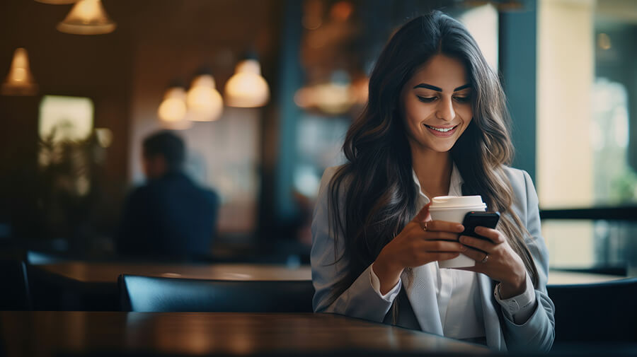 Woman in business suit smiles at phone sitting in coffee shop