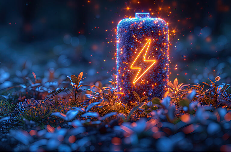 Glowing neon battery with lightning bolt logo on grass at night