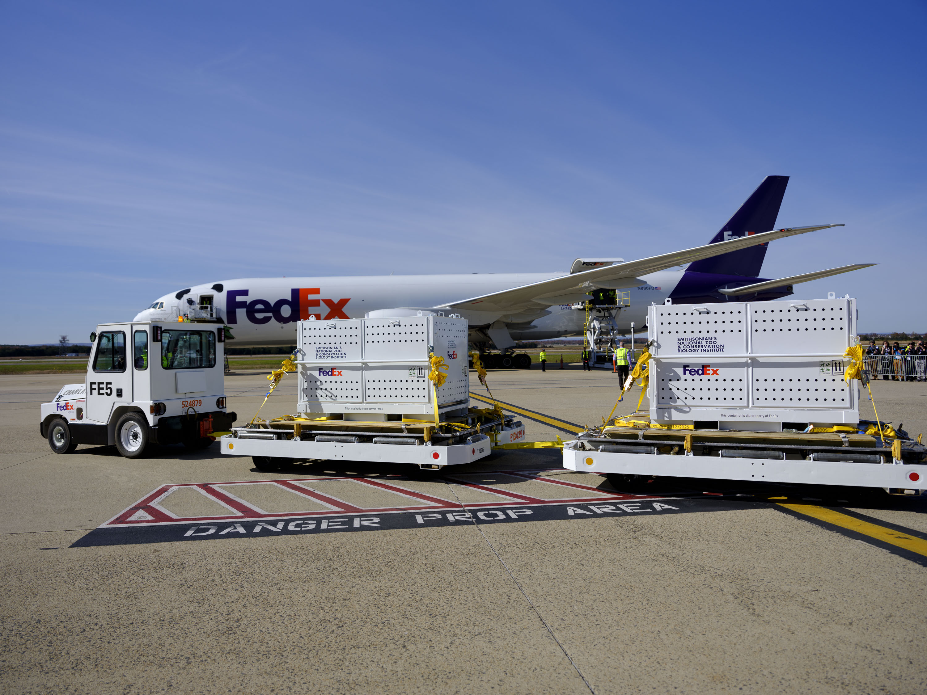 Airport truck tows 2 pallets towards FedEx Panda Express plane