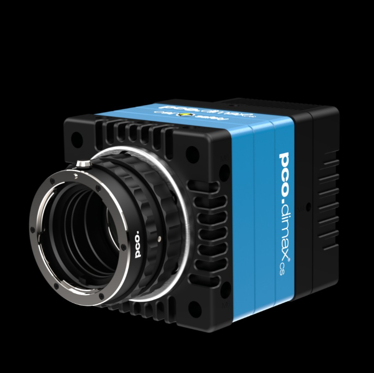 Square black and blue colored camera with zoom lens