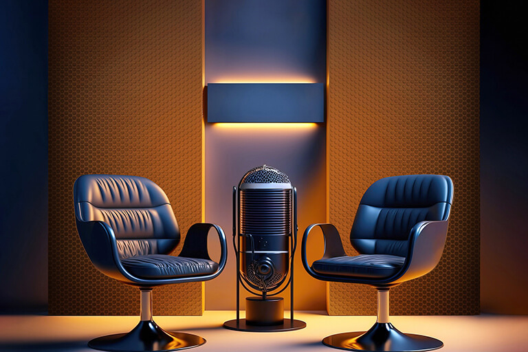 2 empty chairs near a voice recorder for interview