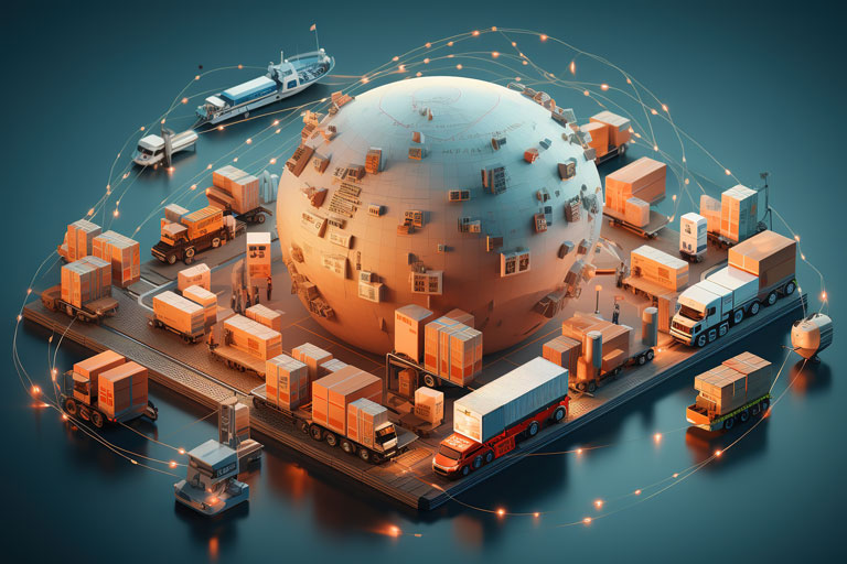 Hero image: Trucks, boxes and pallets surround a 3D image of a globe