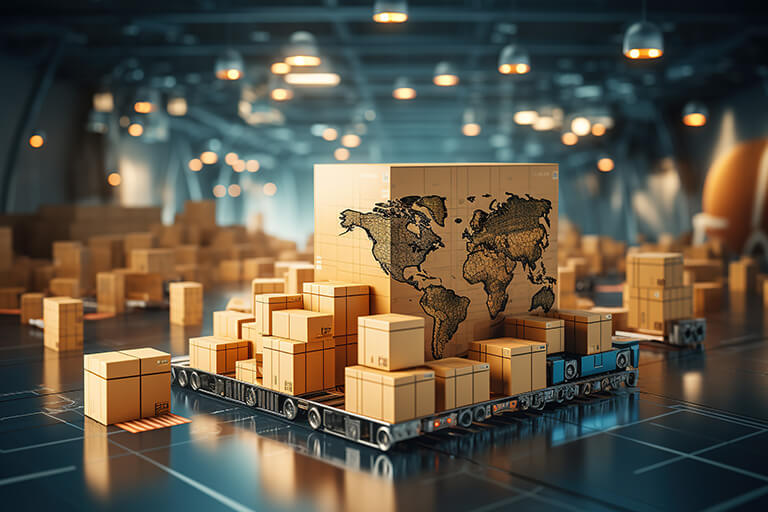 Model of boxes on pallets with world map
