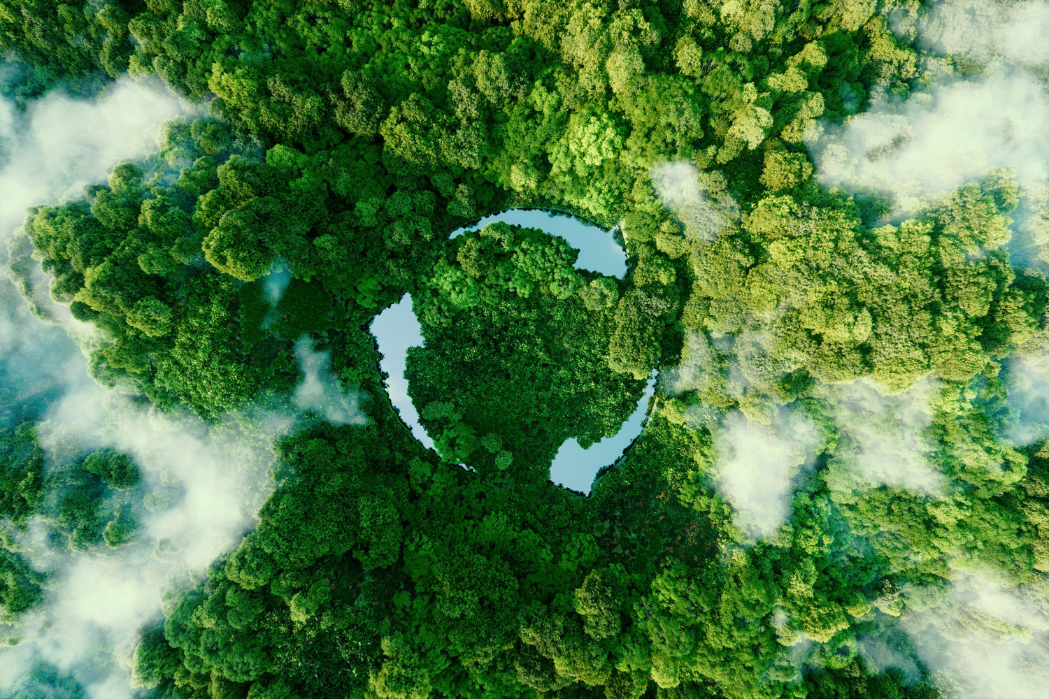 The recycling icon in the form of a pond in the middle of an untouched jungle