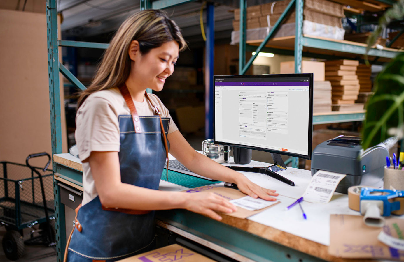 Asia female business owner in overalls printing labels for FedEx packages