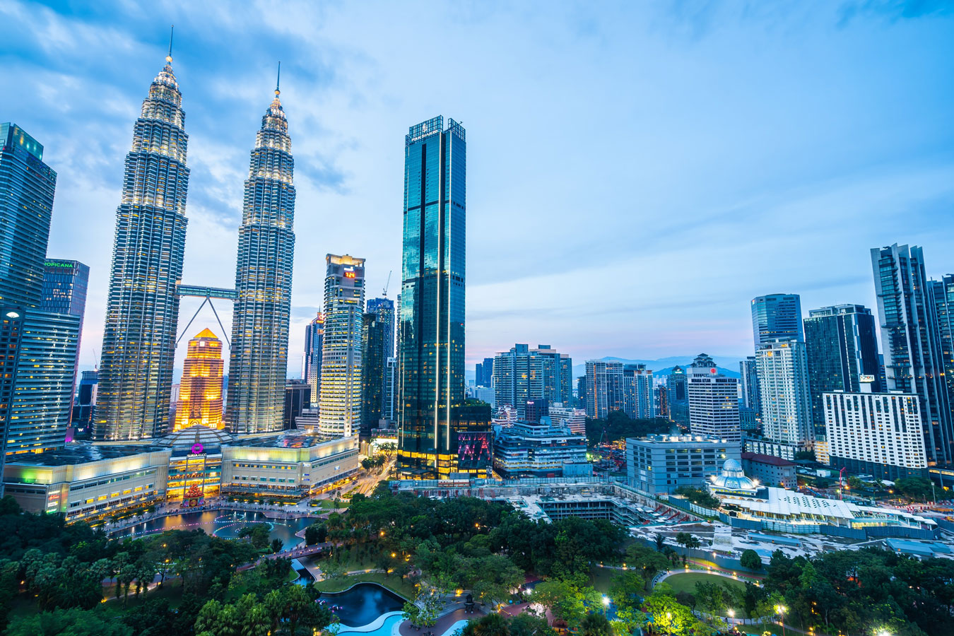 View of Kuala Lumpur, Malaysia, featuring the Petronas Twin Towers.