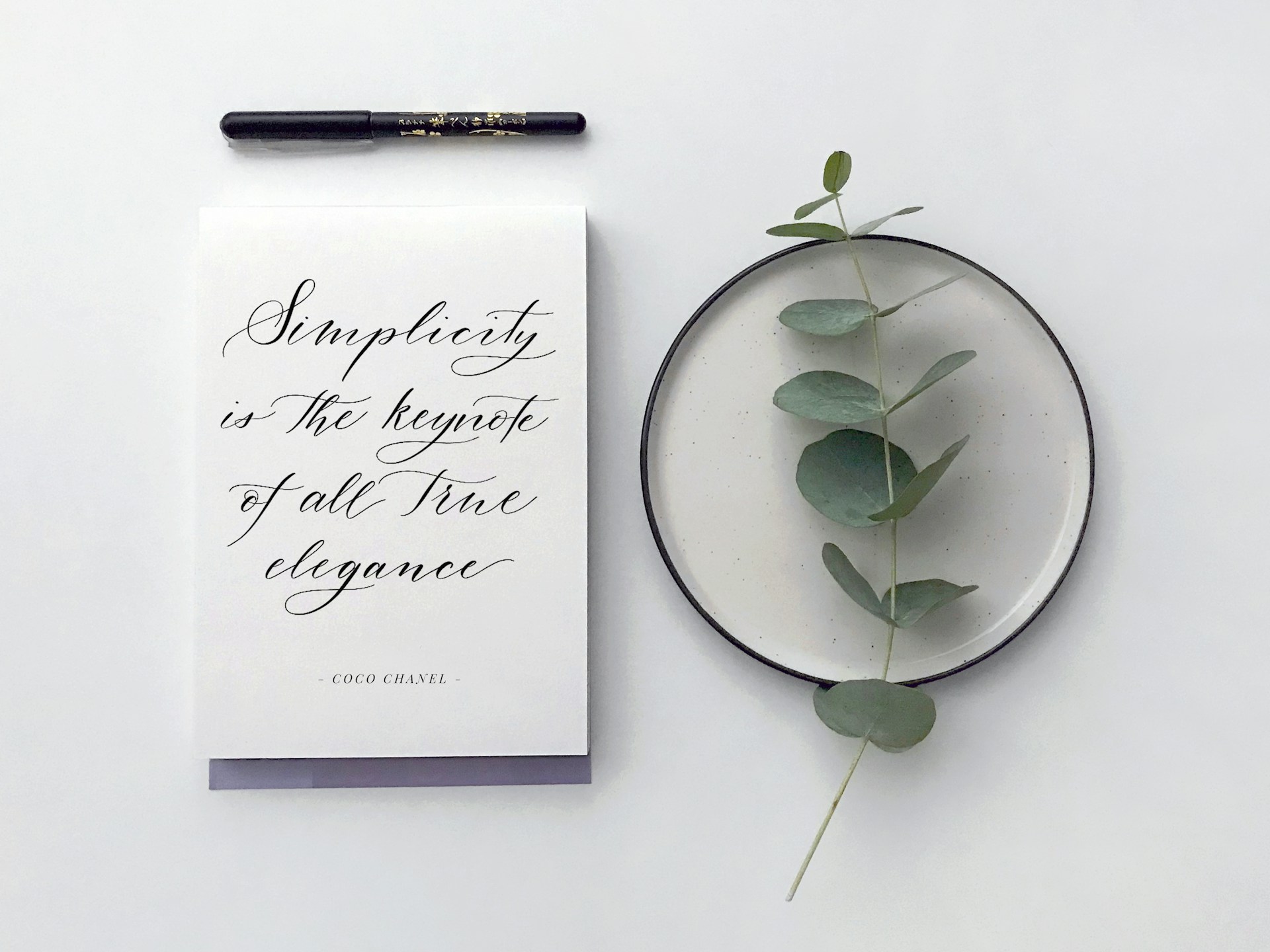 Japanese brush-tipped marker and calligraphy sample, arranged with sprig of eucalyptus on white plate